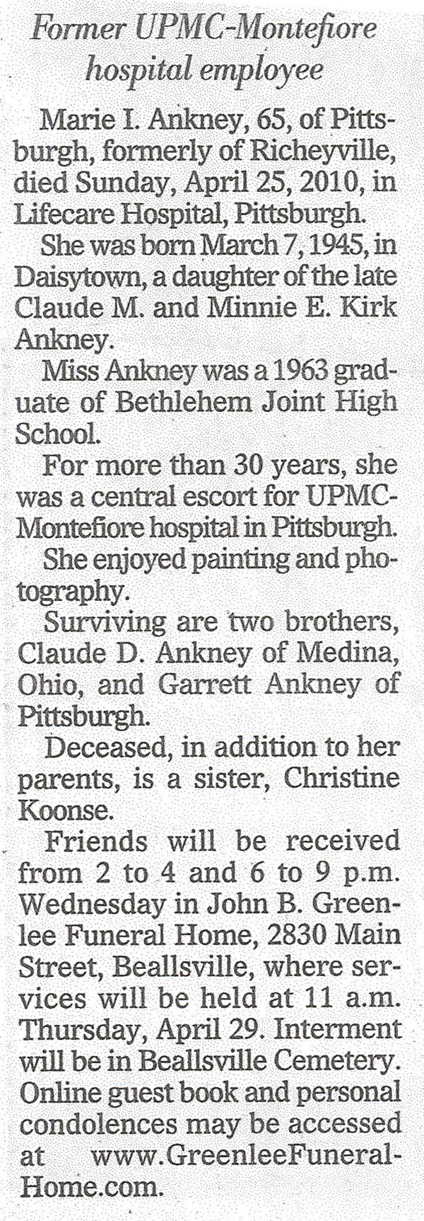 Marie I. Ankney obit